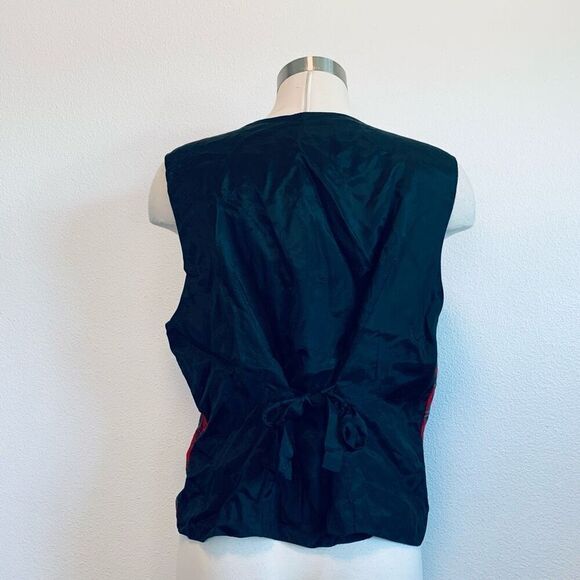 Vintage 1990s Red Velvet Plaid Novelty Vest XL Button Holiday Satin Black - Picture 3 of 5